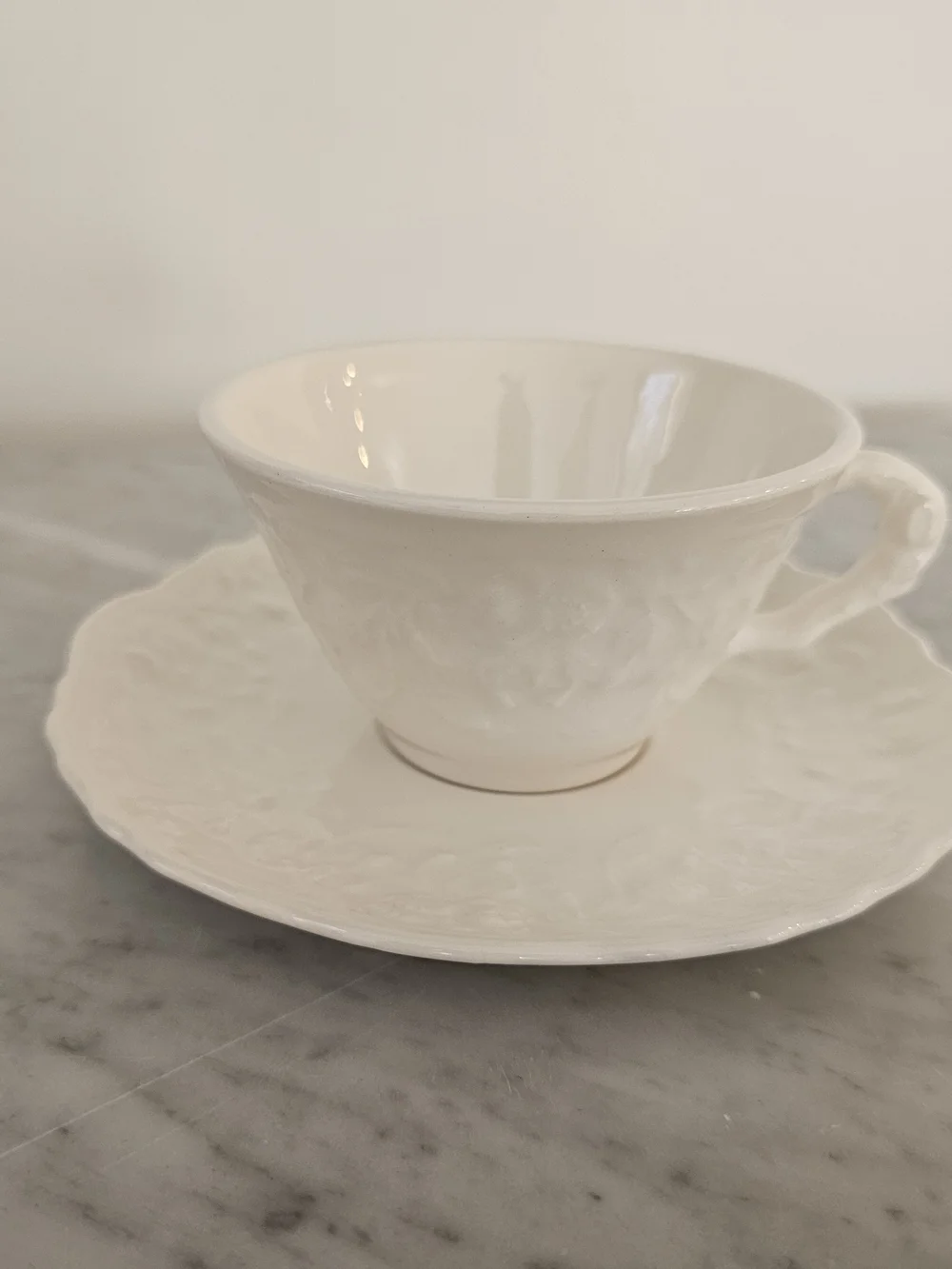 Steubenville Rose Point Tea Cup & Saucer Set White Embossed Floral Vintage